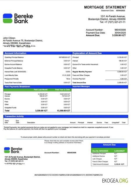 Kazakhstan Bereke Bank Kazakhstan prêt hypothécaire Modèle Word et PDF